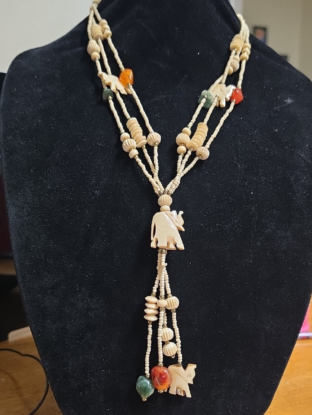Vintage Carved Bone Elephant Carnelian and Aventurine  Statement Necklace